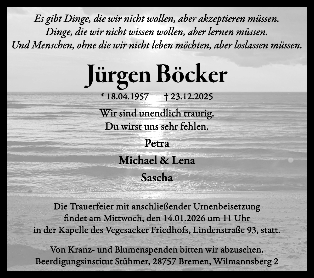 Traueranzeige von Jürgen Böcker von Die Norddeutsche