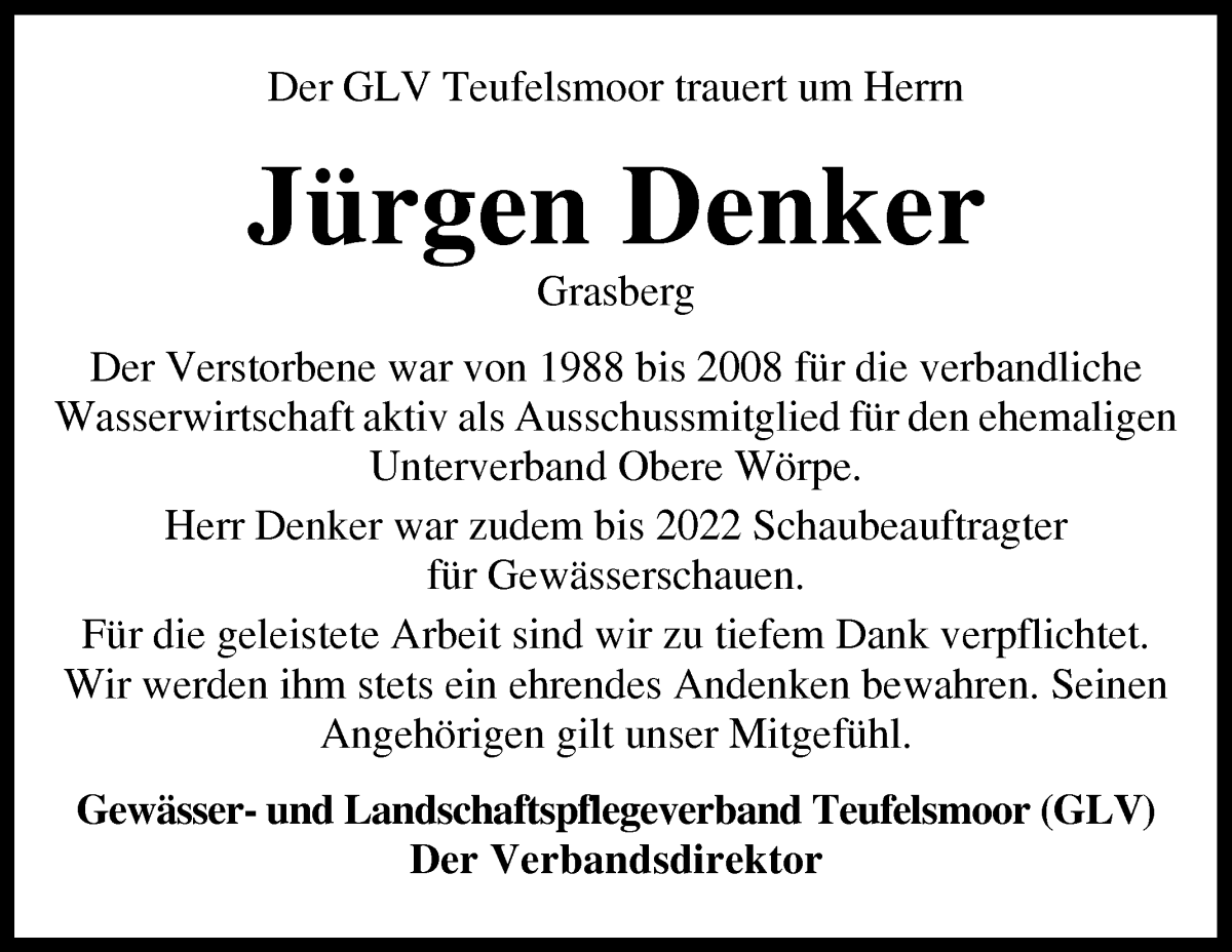 Traueranzeige von Jürgen Denker von Wuemme Zeitung