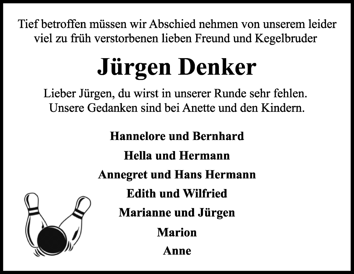 Traueranzeige von Jürgen Denker von Wuemme Zeitung