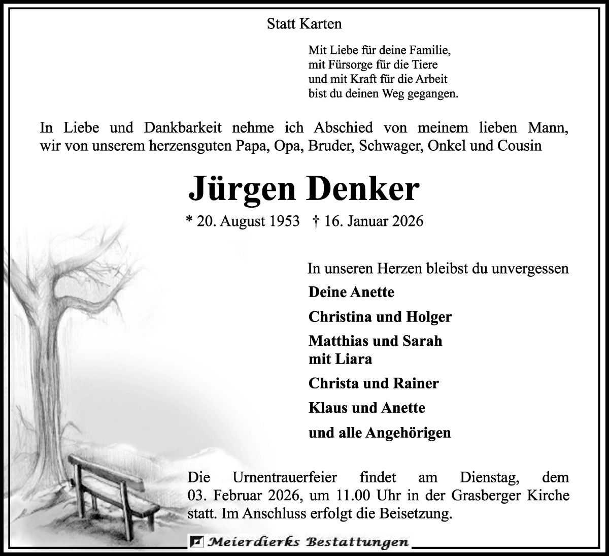 Traueranzeige von Jürgen Denker von Wuemme Zeitung