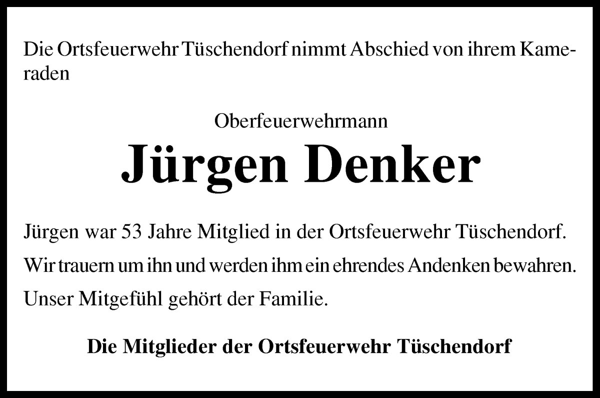 Traueranzeige von Jürgen Denker von Wuemme Zeitung