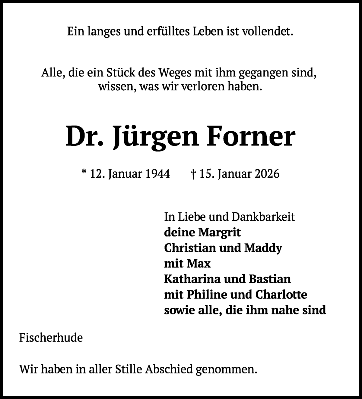 Traueranzeige von Jürgen Forner von Achimer Kurier/Verdener Nachrichten