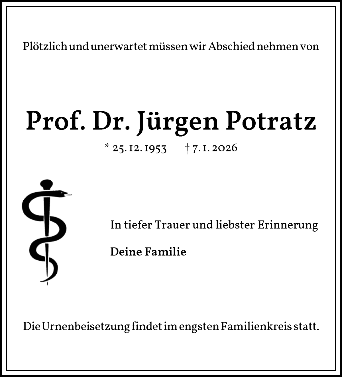 Traueranzeige von Jürgen Potratz von WESER-KURIER