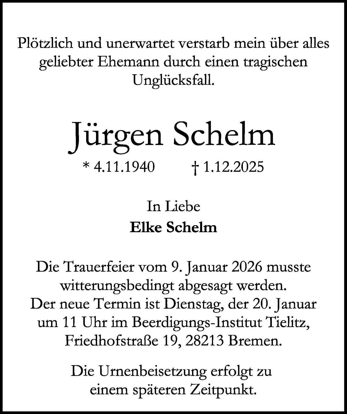  Traueranzeige für Jürgen Schelm vom 17.01.2026 aus WESER-KURIER