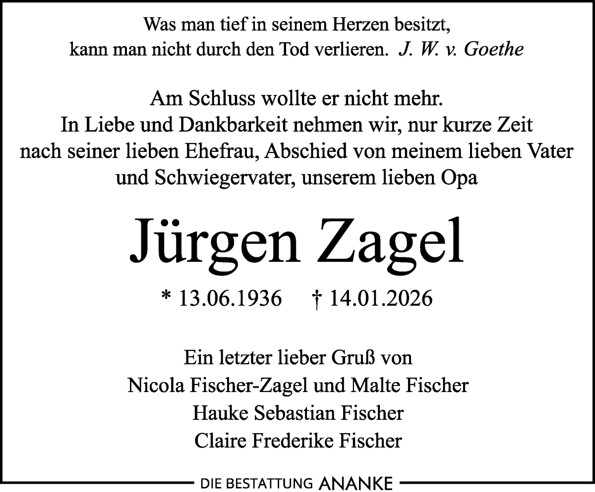 Traueranzeige von Jürgen Zagel von WESER-KURIER