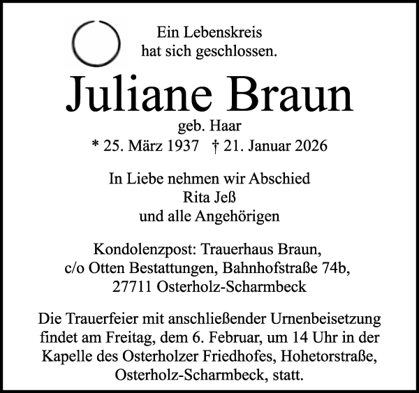 Traueranzeige von Juliane Braun von Osterholzer Kreisblatt