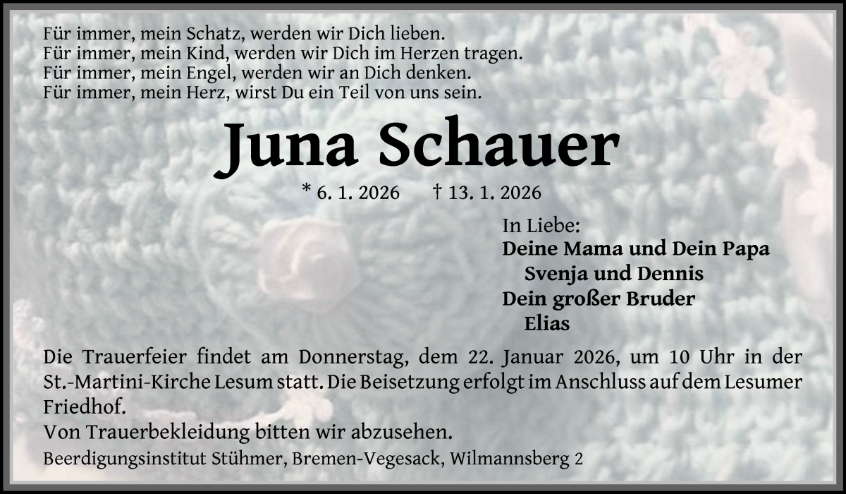 Traueranzeige von Juna Schauer von Die Norddeutsche