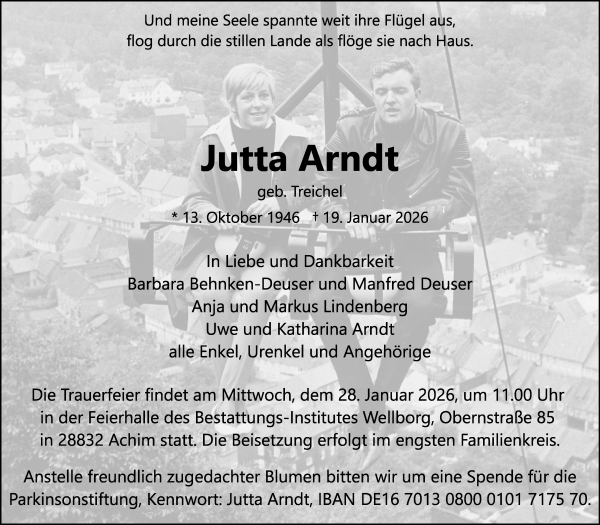 Traueranzeige von Jutta Arndt von Achimer Kurier/Verdener Nachrichten