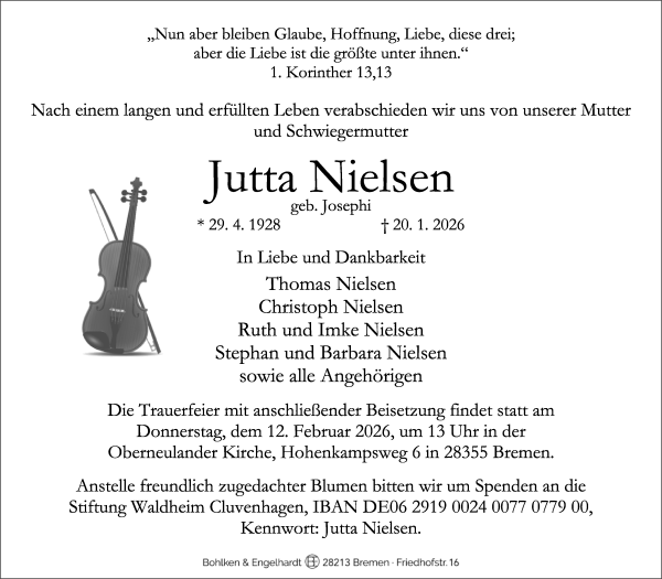 Traueranzeige von Jutta Nielsen von WESER-KURIER