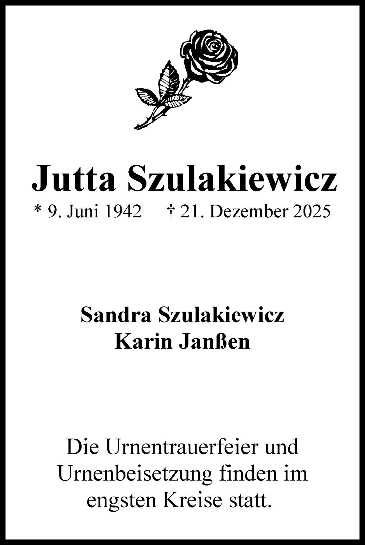 Traueranzeige von Jutta Szulakiewicz von WESER-KURIER
