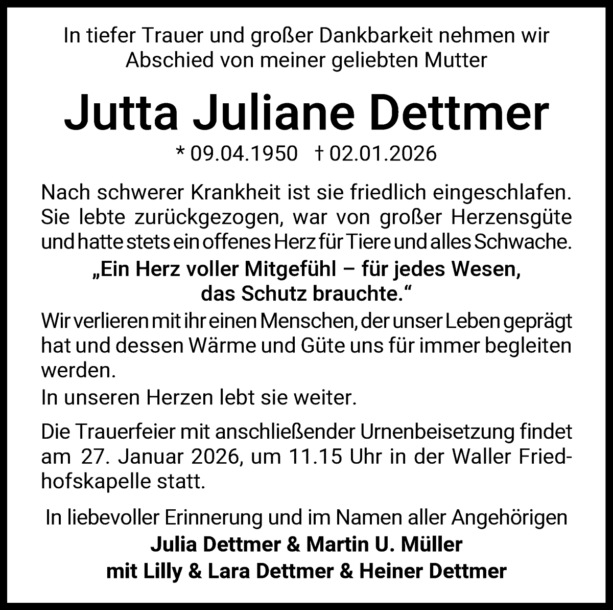 Traueranzeige von Jutta Juliane Dettmer von WESER-KURIER