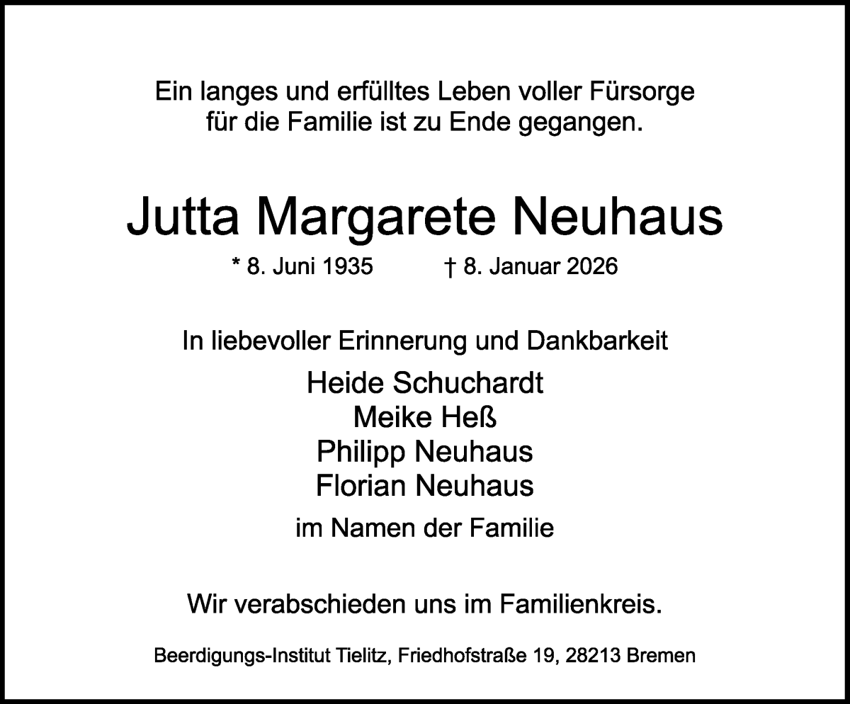 Traueranzeige von Jutta Margarete Neuhaus von WESER-KURIER