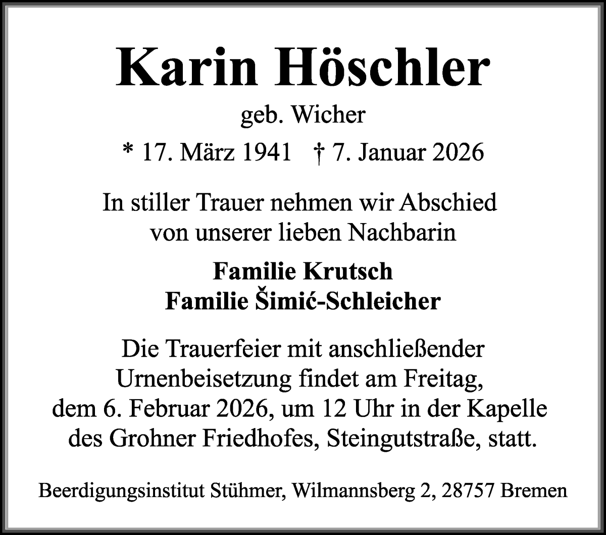 Traueranzeige von Karin Höschler von Die Norddeutsche