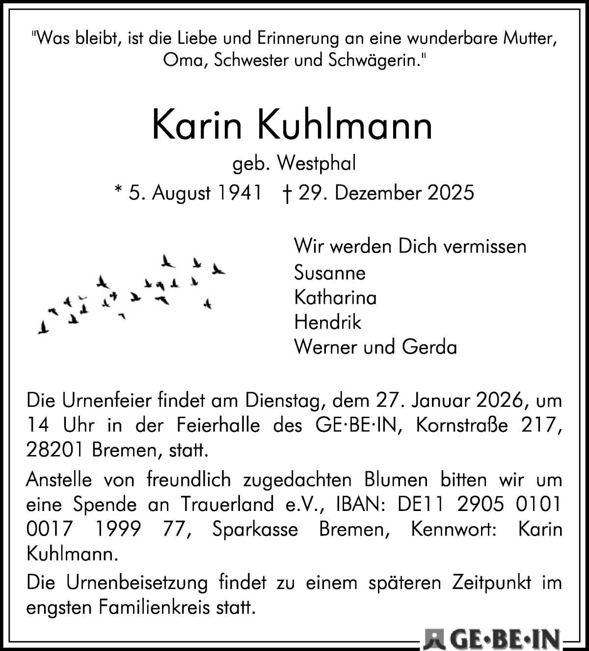  Traueranzeige für Karin Kuhlmann vom 10.01.2026 aus WESER-KURIER