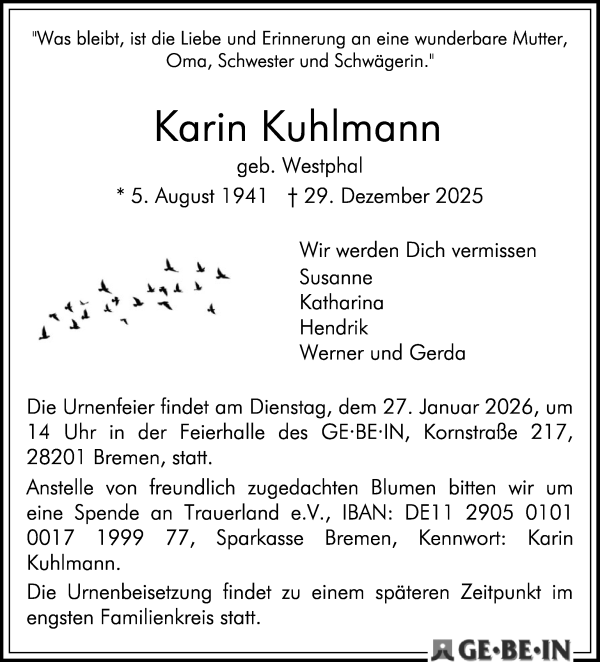 Traueranzeige von Karin Kuhlmann von WESER-KURIER