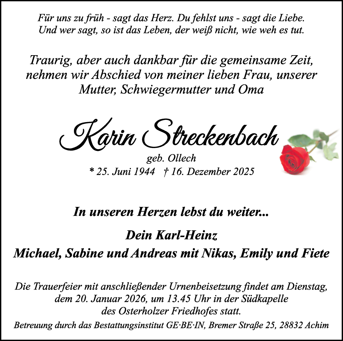  Traueranzeige für Karin Steckelmann vom 10.01.2026 aus WESER-KURIER