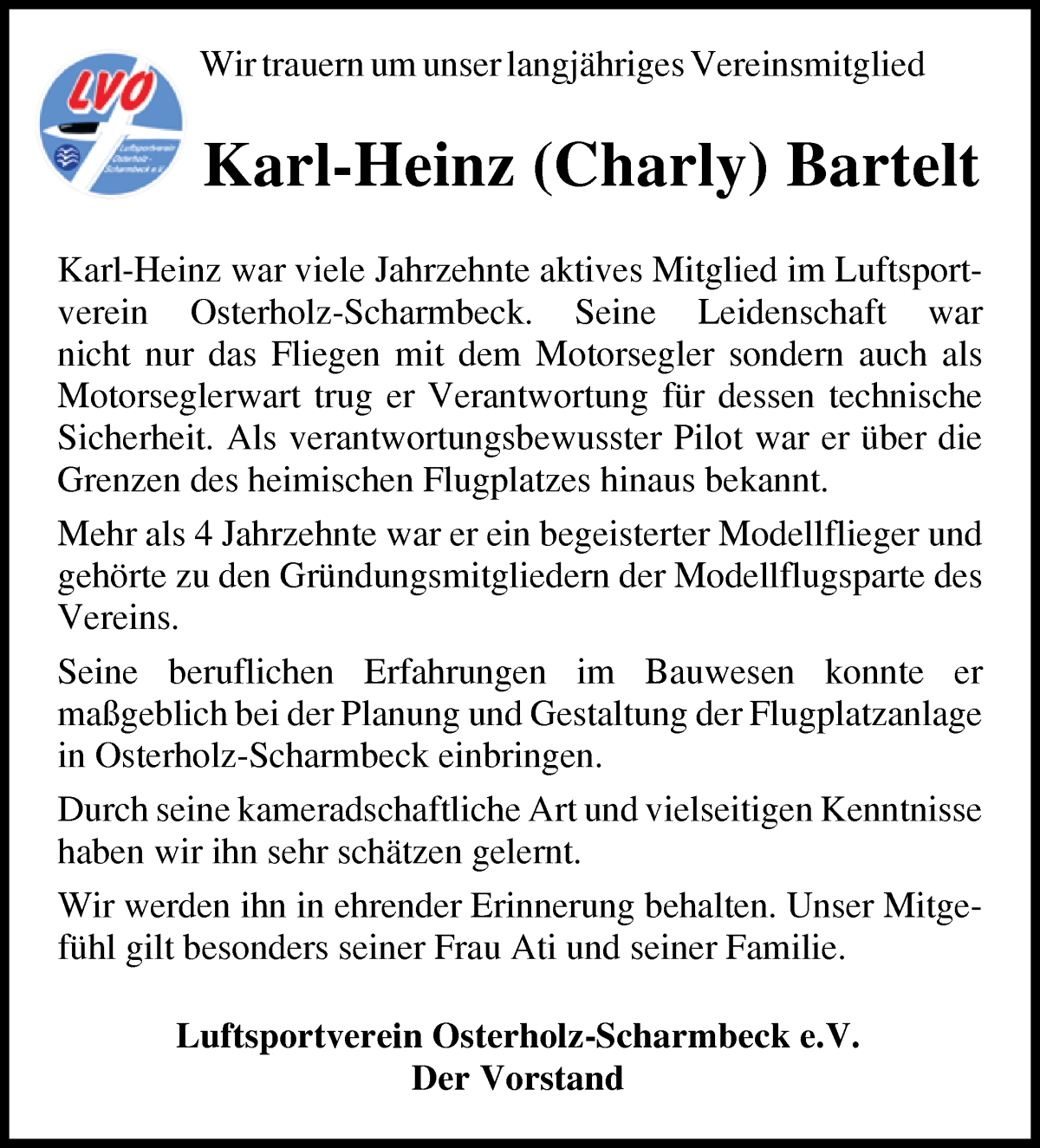 Traueranzeige von Karl-Heinz Bartelt von Osterholzer Kreisblatt