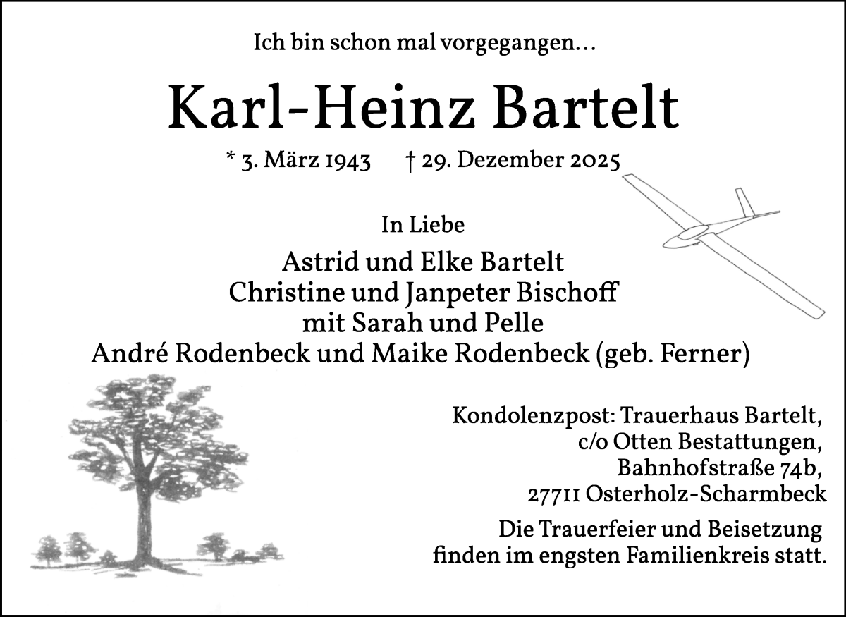 Traueranzeige von Karl-Heinz Bartelt von Osterholzer Kreisblatt