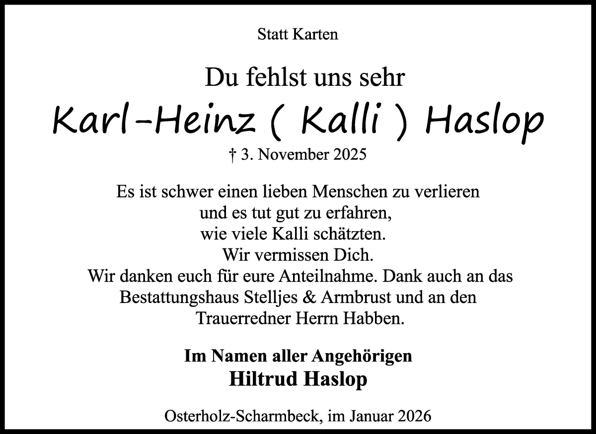 Traueranzeige von Karl-Heinz Haslop von Osterholzer Kreisblatt