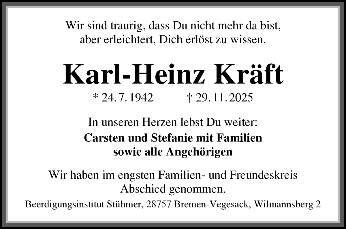 Traueranzeige von Karl-Heinz Kräft von WESER-KURIER