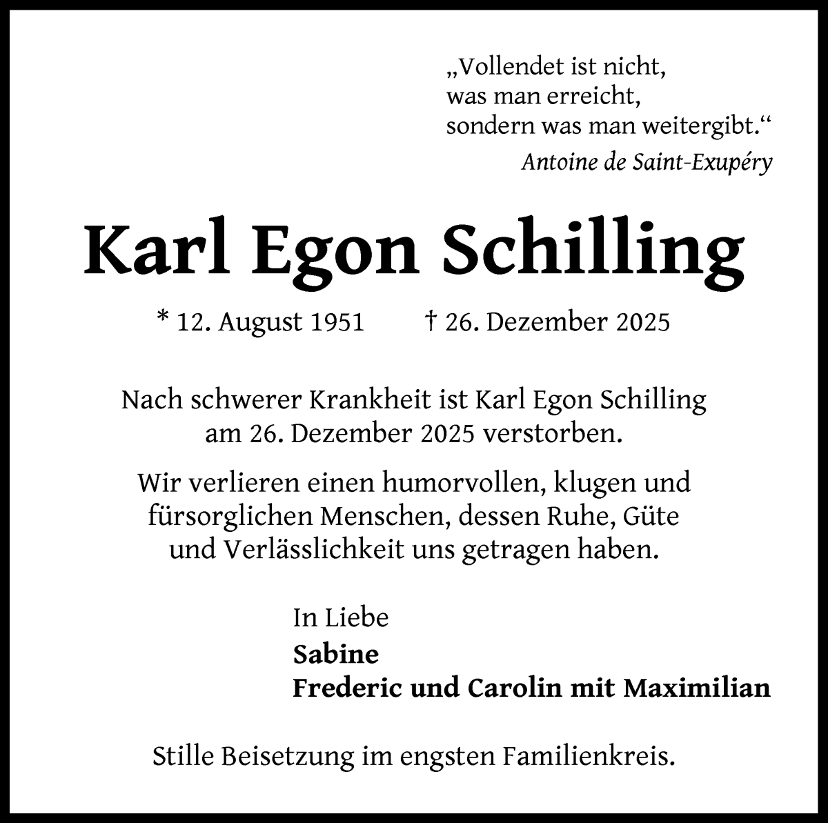 Traueranzeige von Karl Egon Schilling von WESER-KURIER