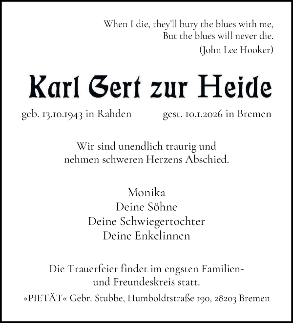 Traueranzeige von Karl Gert zur Heide von WESER-KURIER