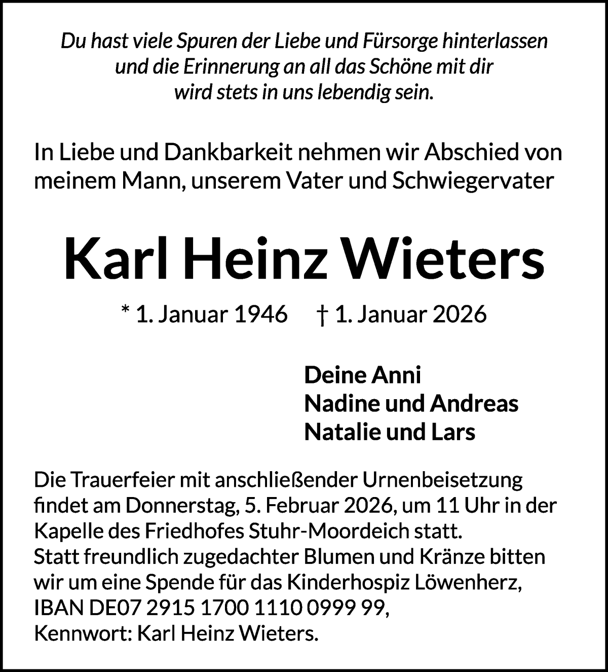 Traueranzeige von Karl Heinz Wieters von WESER-KURIER