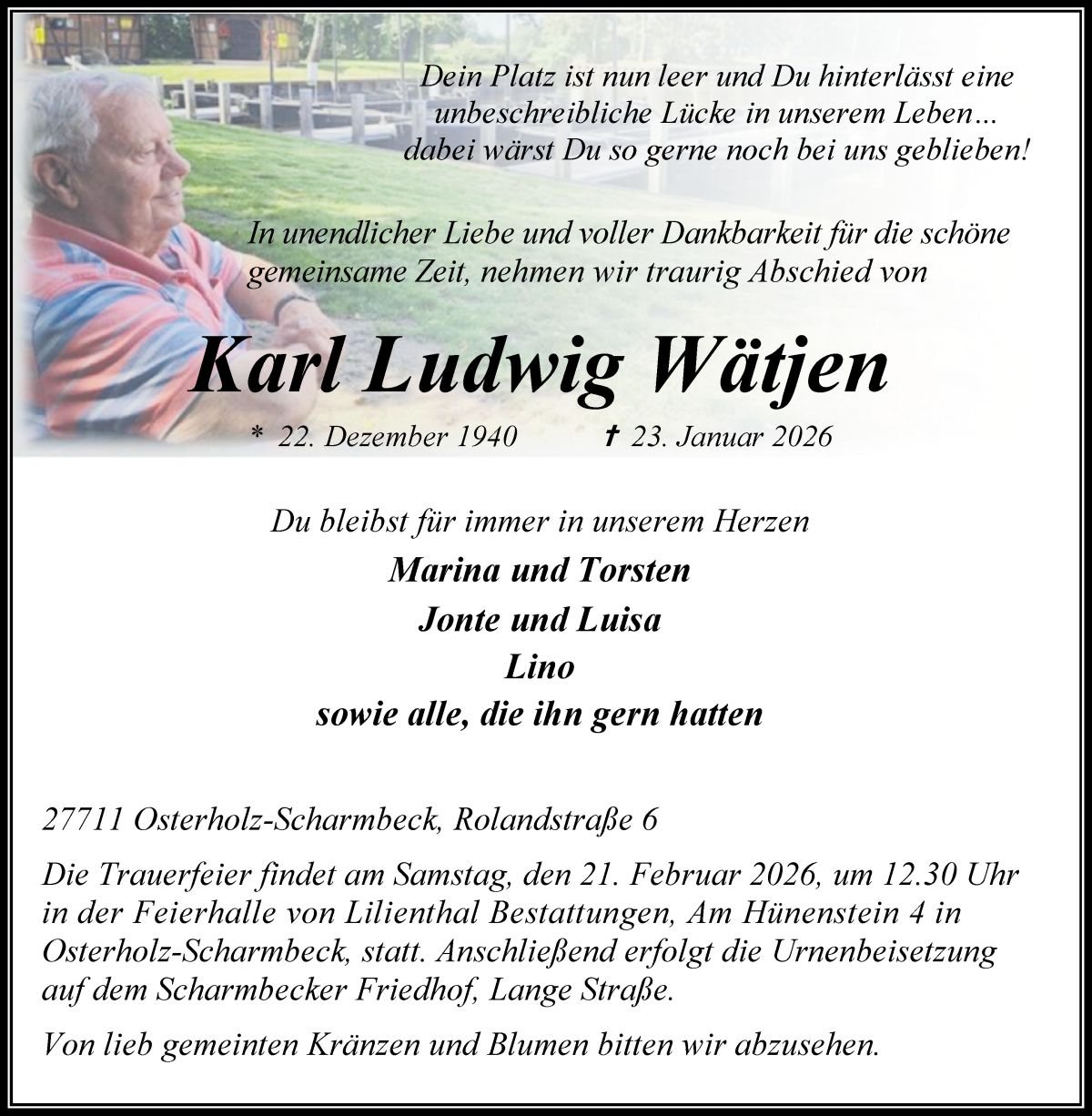 Traueranzeige von Karl Ludwig Wätjen von Osterholzer Kreisblatt