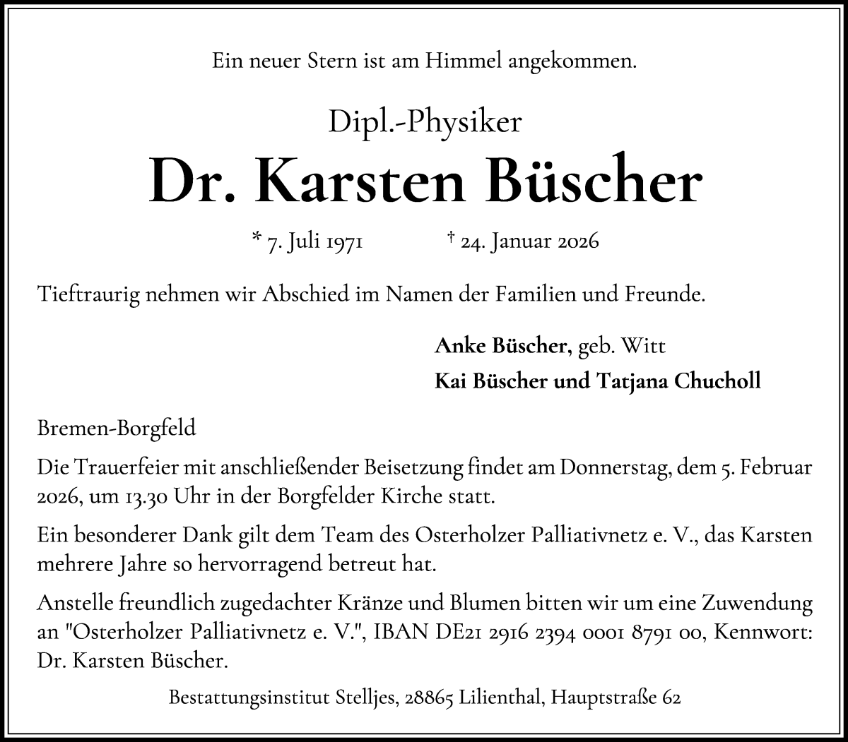  Traueranzeige für Karsten Büscher vom 31.01.2026 aus WESER-KURIER