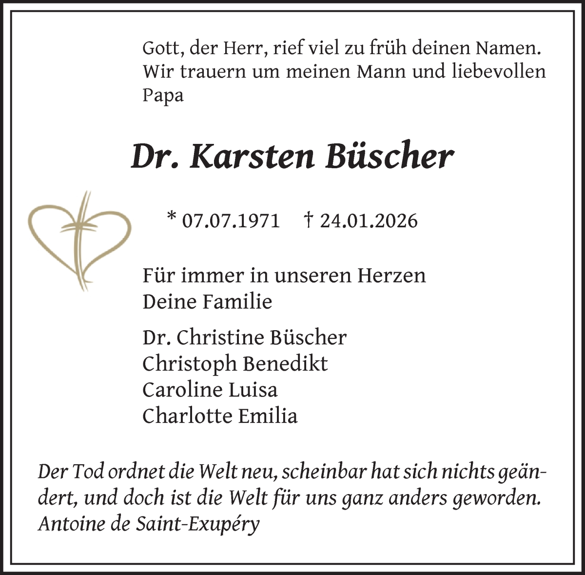  Traueranzeige für Karsten Büscher vom 31.01.2026 aus WESER-KURIER