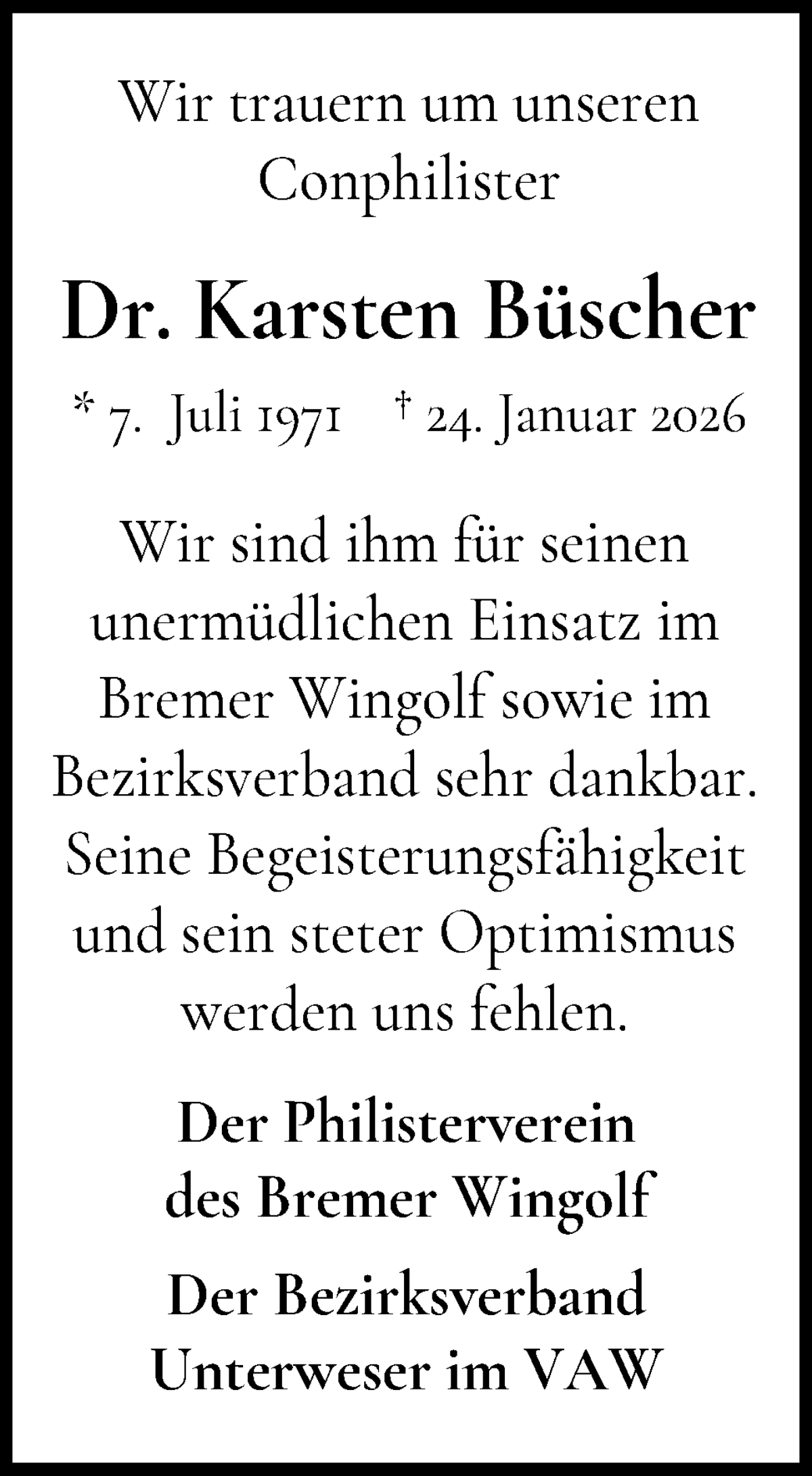  Traueranzeige für Karsten Büscher vom 31.01.2026 aus WESER-KURIER