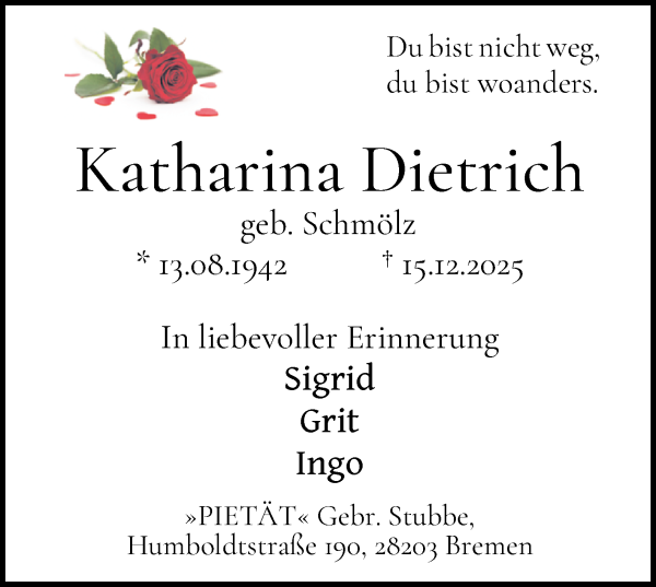 Traueranzeige von Katharina Dietrich von WESER-KURIER