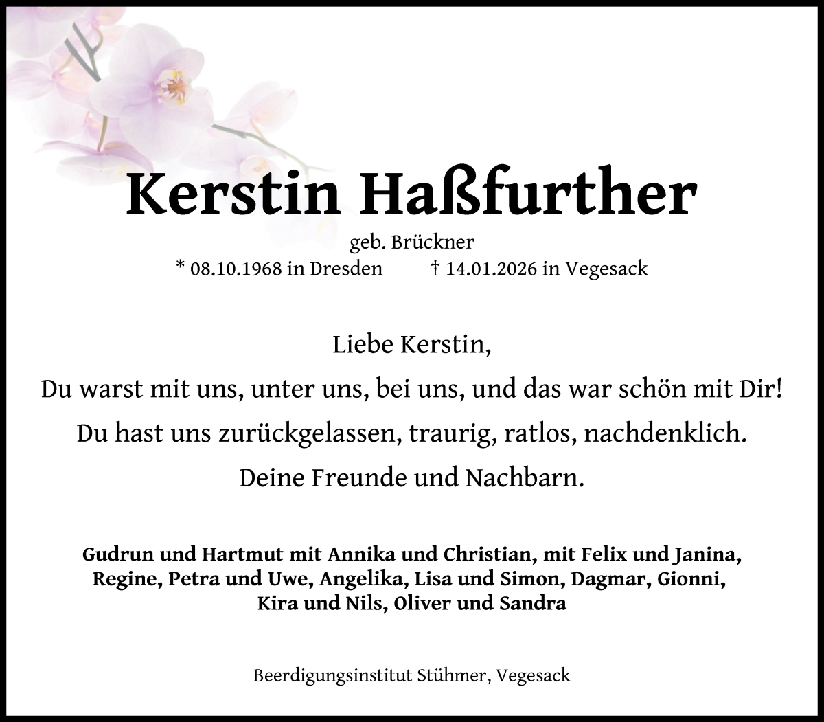 Traueranzeige von Kerstin Haßfurther von Die Norddeutsche