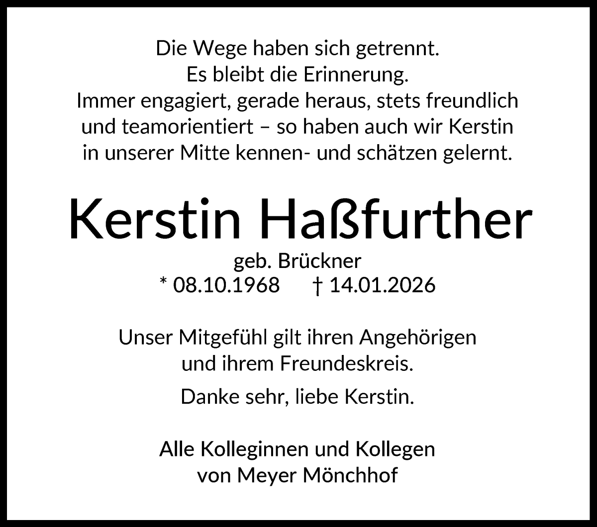 Traueranzeige von Kerstin Haßfurther von WESER-KURIER