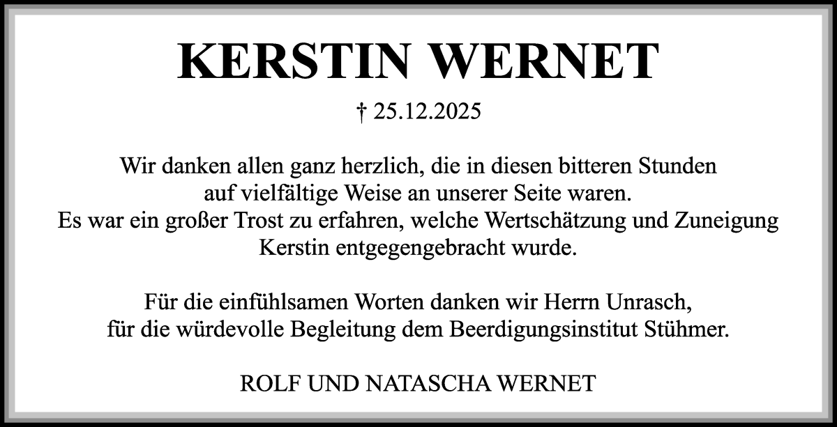 Traueranzeige von Kerstin Wernet von Die Norddeutsche