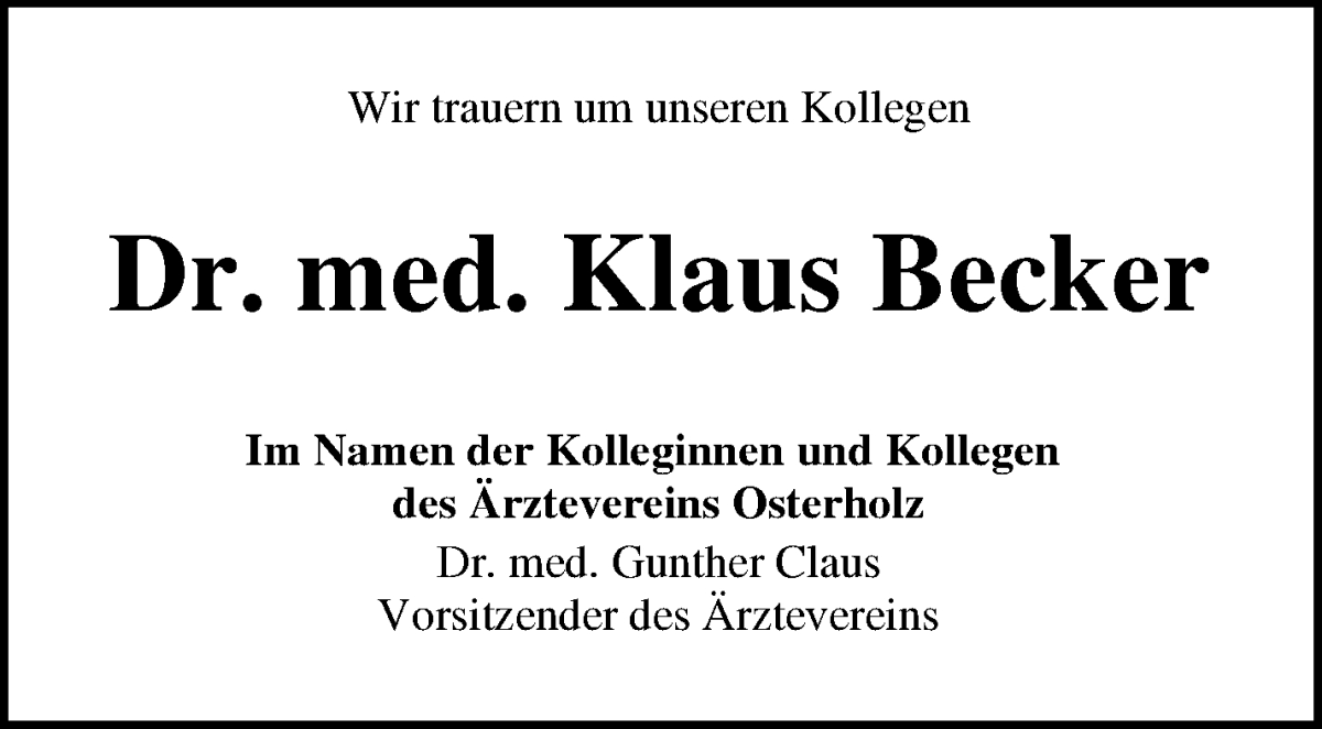 Traueranzeige von Klaus Becker von Osterholzer Kreisblatt