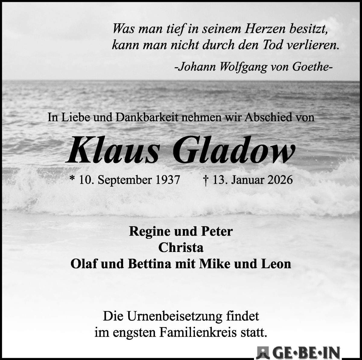 Traueranzeige von Klaus Cladow von WESER-KURIER
