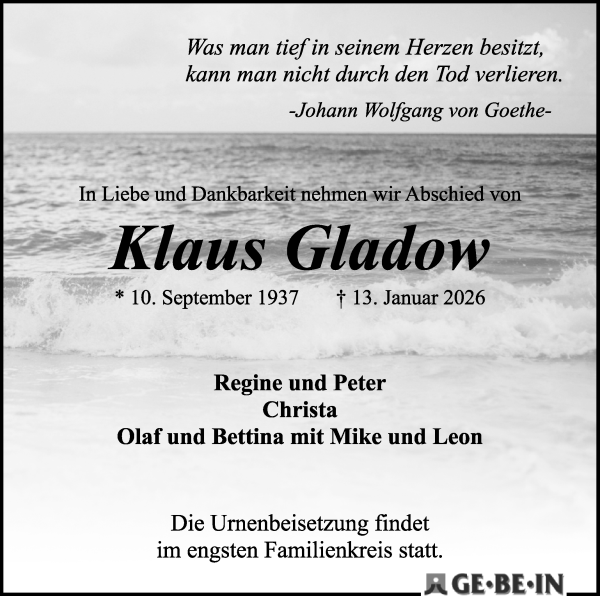 Traueranzeige von Klaus Cladow von WESER-KURIER