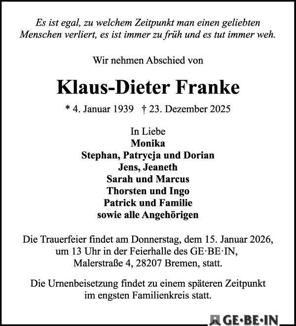 Traueranzeige von Klaus-Dieter Franke von WESER-KURIER