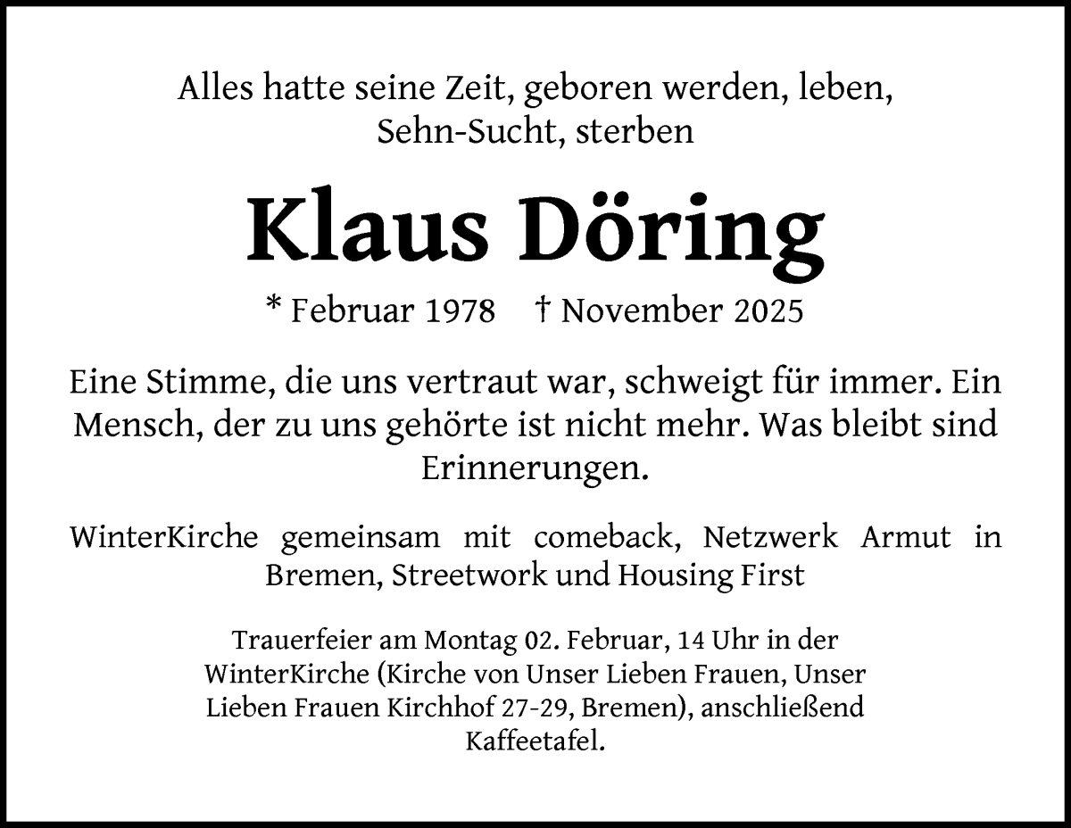 Traueranzeige von Klaus Döring von WESER-KURIER