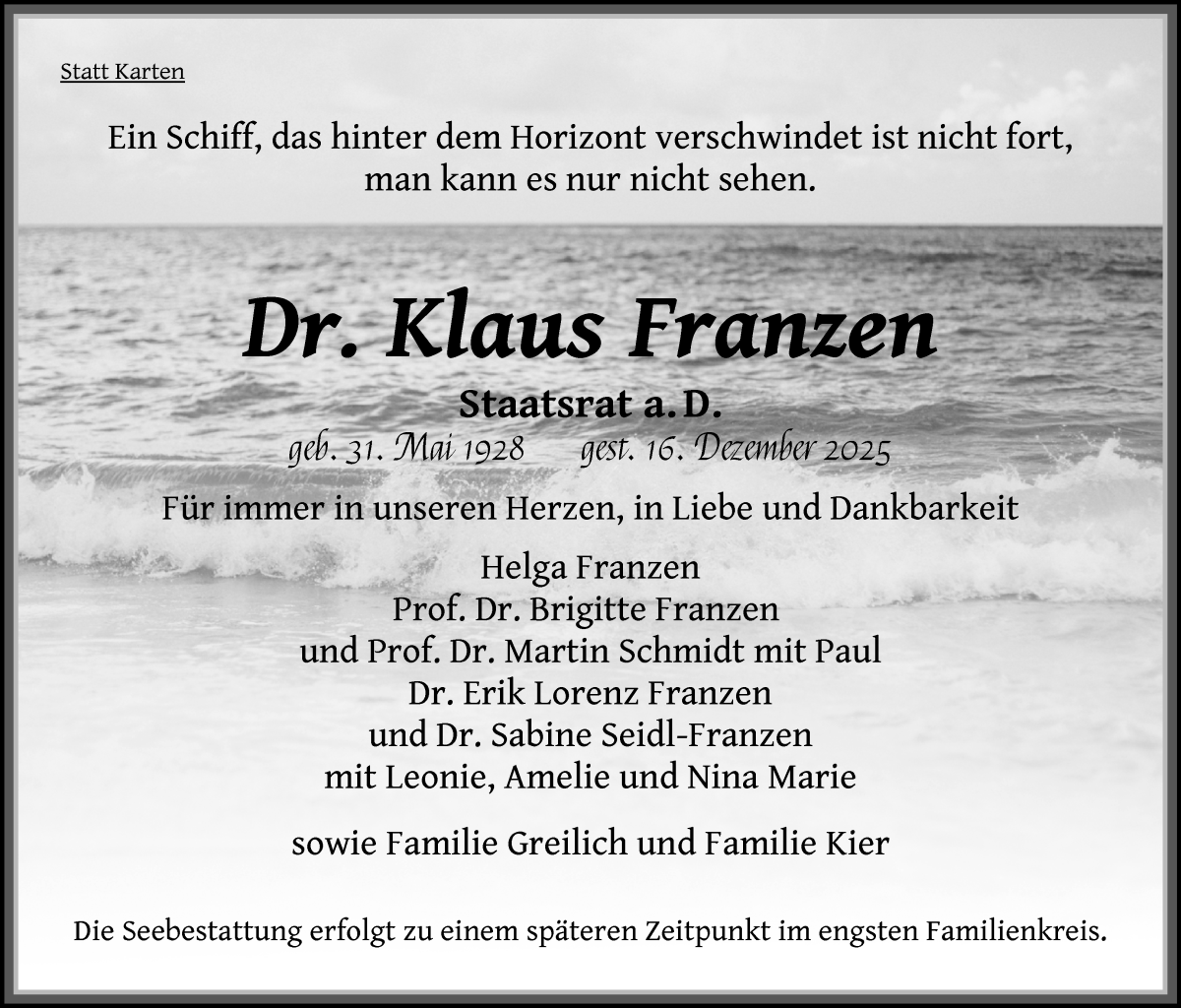 Traueranzeige von Klaus Franzen von WESER-KURIER