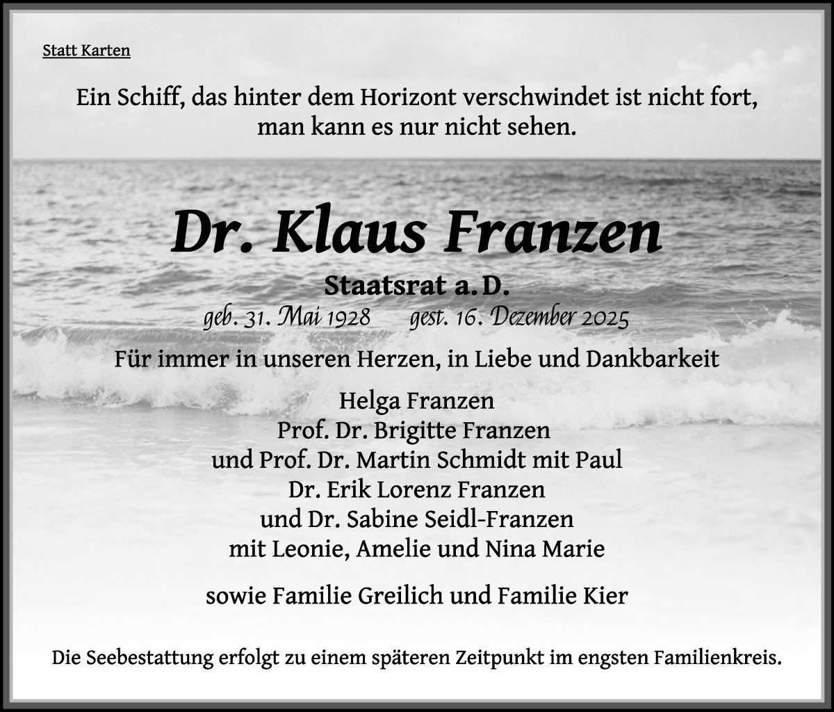 Traueranzeige von Klaus Franzen von WESER-KURIER