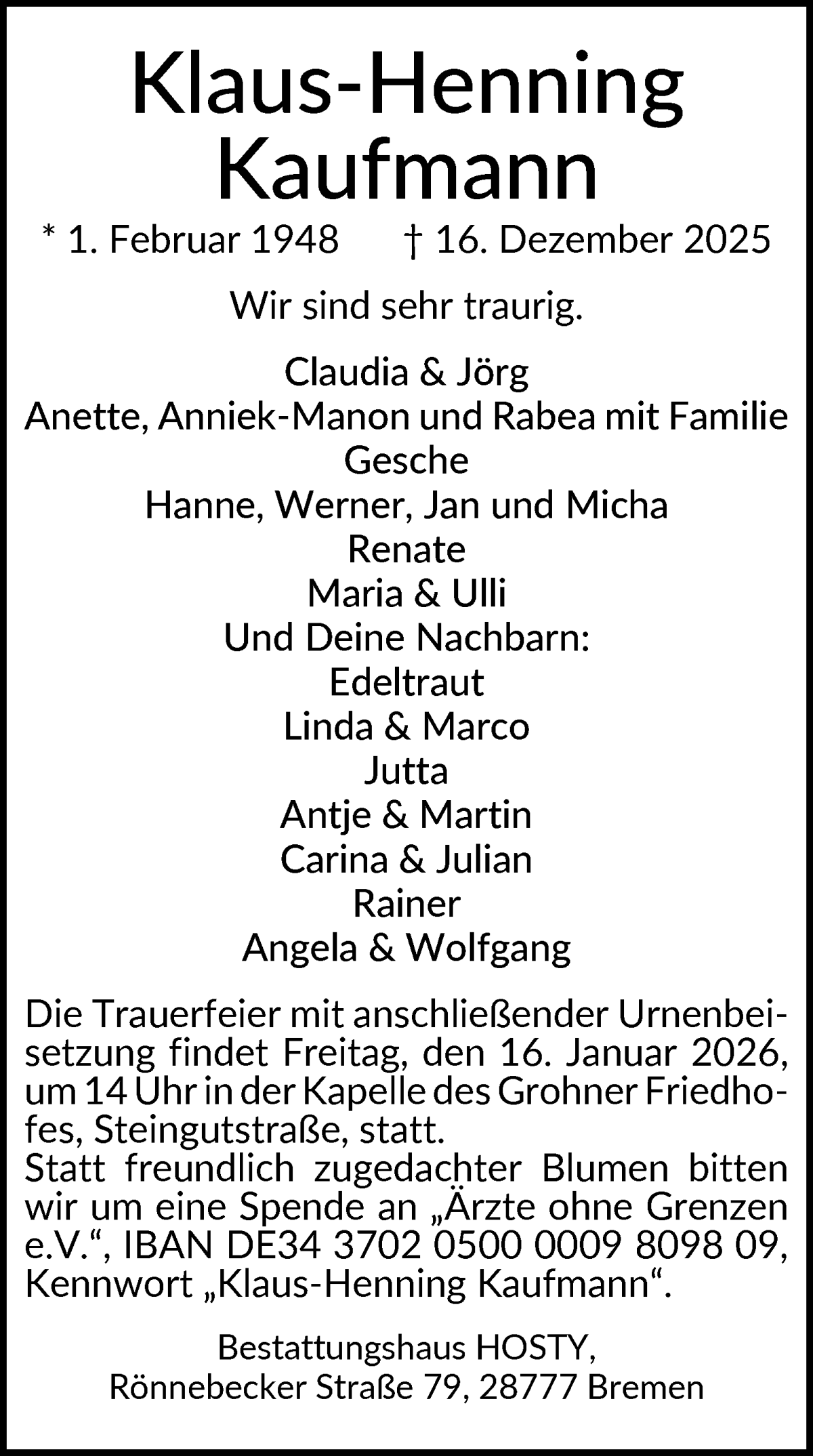 Traueranzeige von Klaus-Henning Kaufmann von WESER-KURIER