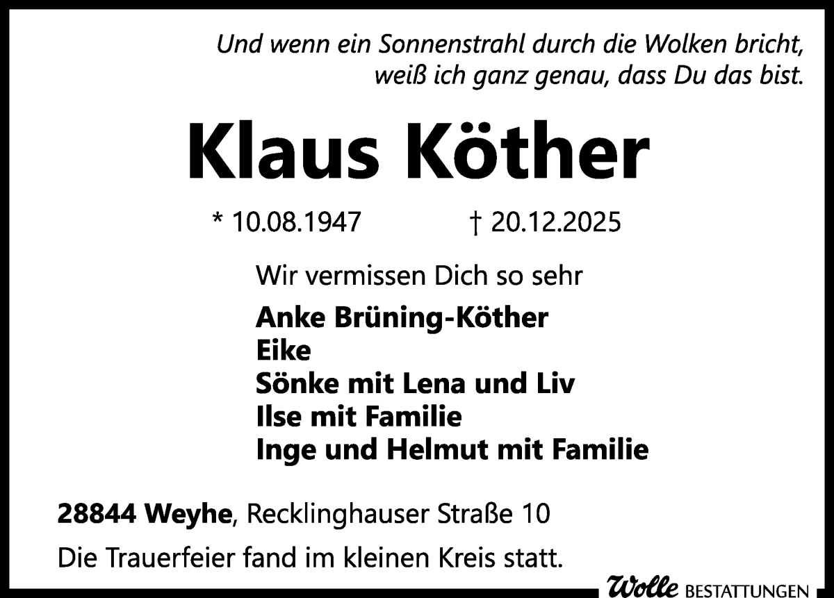 Traueranzeige von Klaus Köther von WESER-KURIER