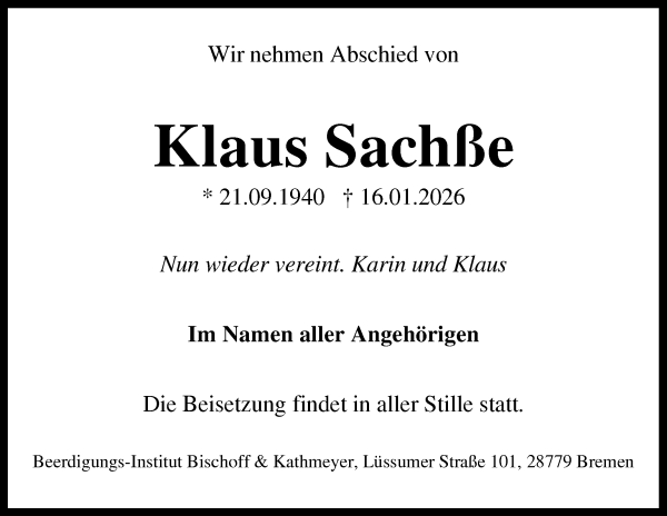 Traueranzeige von Klaus Sachße von Die Norddeutsche