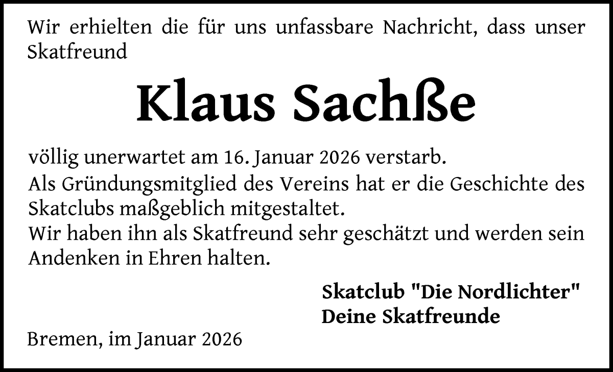 Traueranzeige von Klaus Sachße von Die Norddeutsche