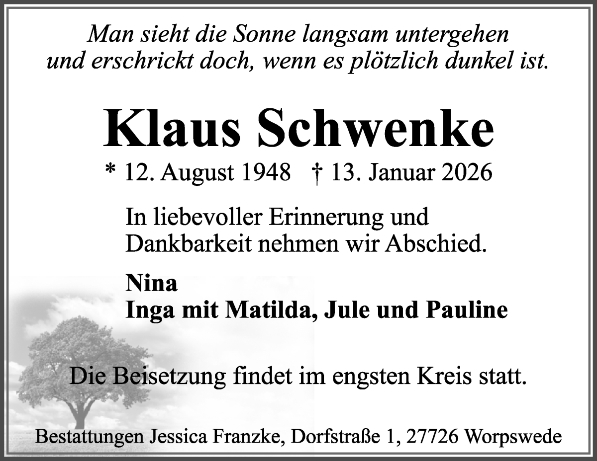 Traueranzeige von Klaus Schwenke von Wuemme Zeitung