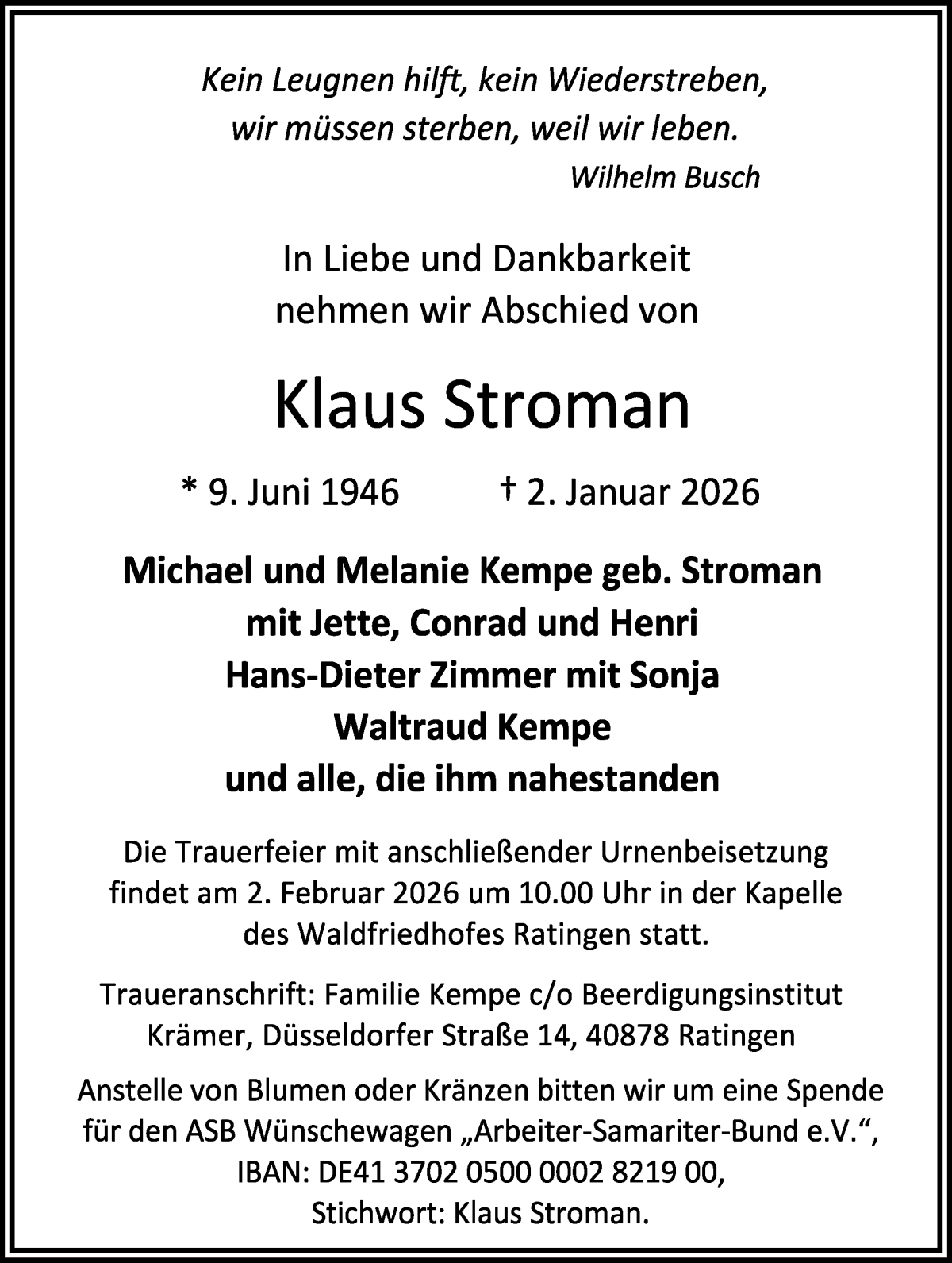 Traueranzeige von Klaus Stroman von WESER-KURIER