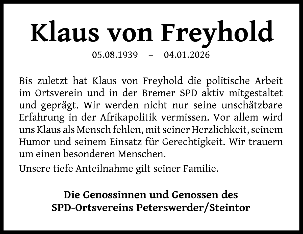 Traueranzeige von Klaus von Freyhold von WESER-KURIER