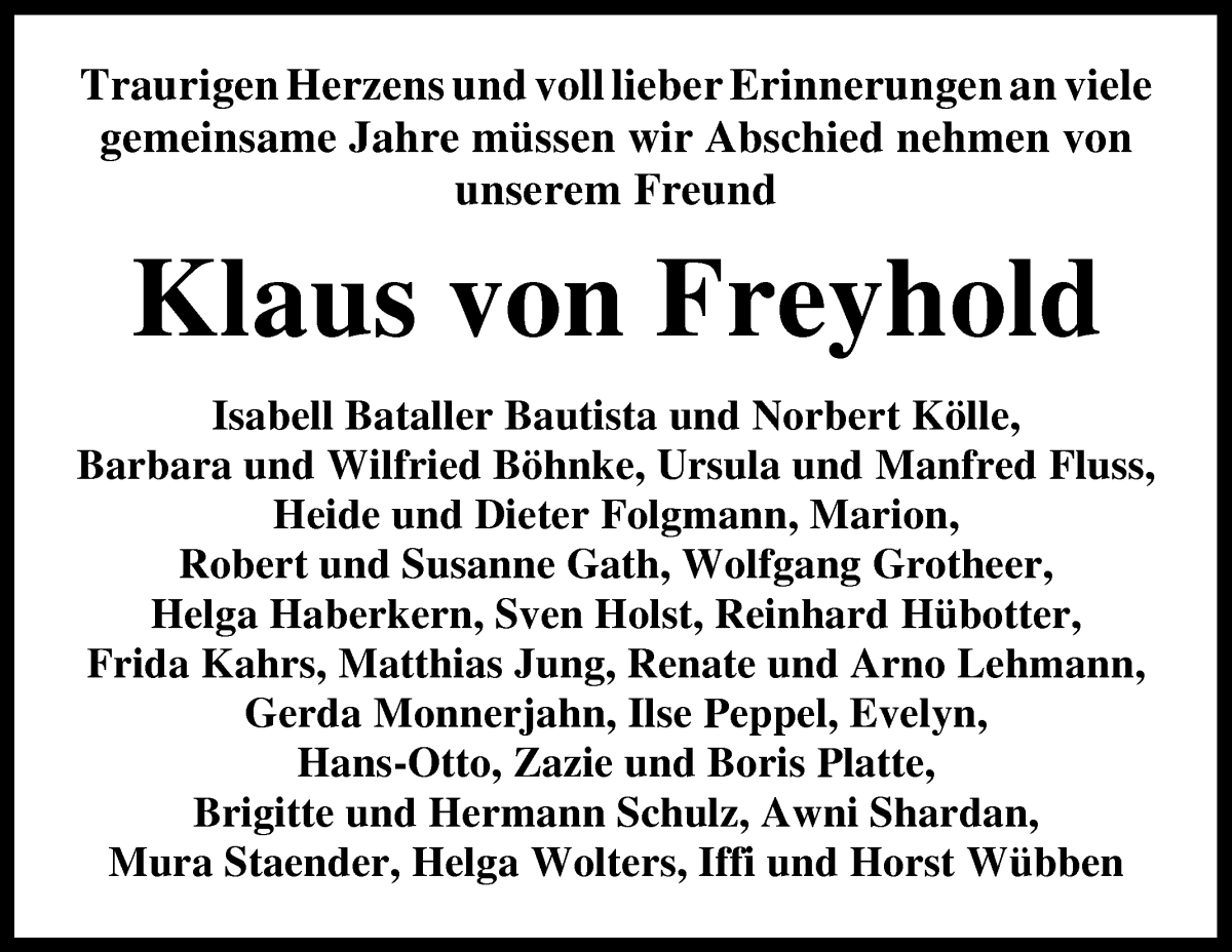 Traueranzeige von Klaus von Freyhold von WESER-KURIER